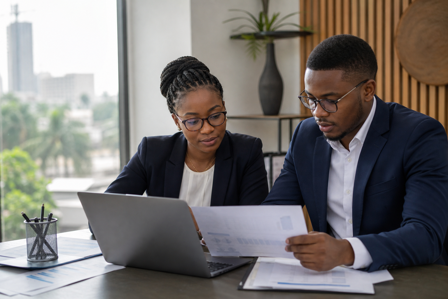 Professionnels du Cabinet ABC analysant des documents comptables